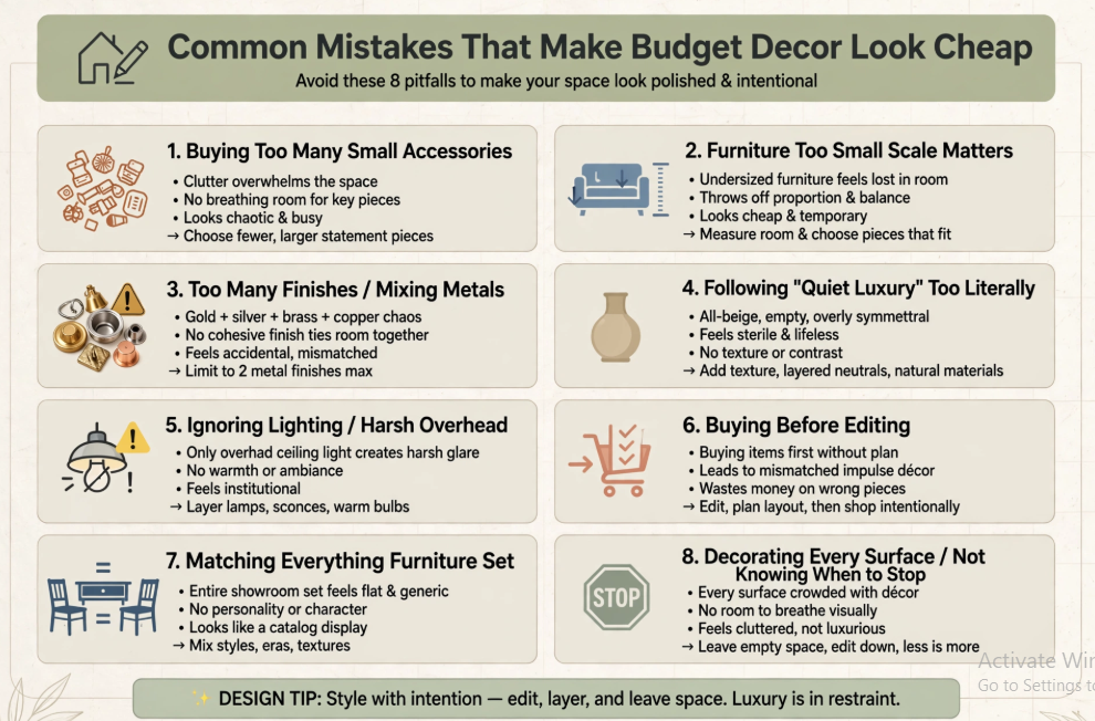 Luxury home decor on a budget guide outlining 8 common decorating mistakes to avoid, including wrong furniture scale, harsh lighting, and metal mixing.