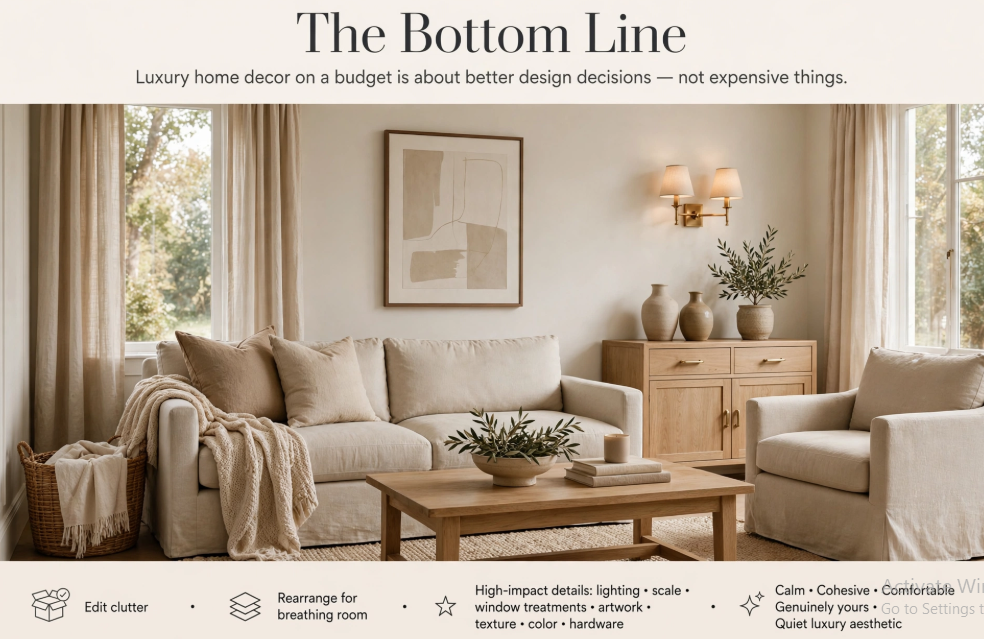 Luxury home decor on a budget summary infographic featuring a serene neutral living room with a cream slipcovered sofa, light wood coffee table, and wall sconces.
