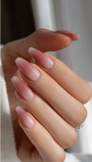 35 Short Nail Designs That Make Your Fingers Look Longer A close-up of glossy ombre gradient nails blending soft nude and pink tones, exemplifying one of the short nail designs that make your fingers look longer.