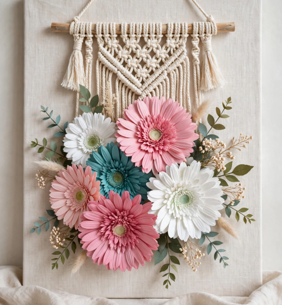 Handmade floral macrame wall hanging on canvas, a creative craft ideas for adults project.