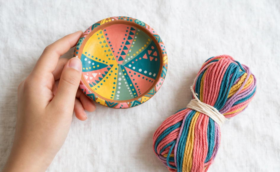 Hand holding a colorful hand-painted clay dish next to a skein of yarn, a simple project for craft ideas for adults.