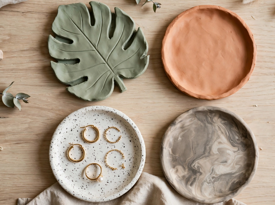 Handmade clay jewelry trays, including a monstera leaf dish, highlighting trendy craft ideas for adults.