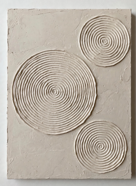 DIY minimalist textured canvas painting with three spiral circles, an elegant project for craft ideas for adults.