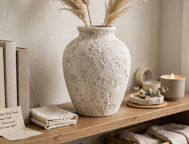 DIY textured stone-effect vase on a wooden shelf, a stylish project for craft ideas for adults.