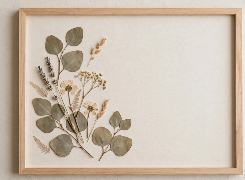 Framed pressed flower and botanical art in a natural wood frame, a relaxing project for craft ideas for adults.