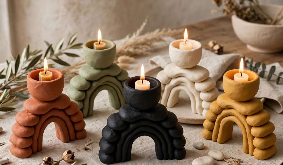 Handcrafted rainbow arch clay candle holders with lit candles, displaying stylish craft ideas for adults.   