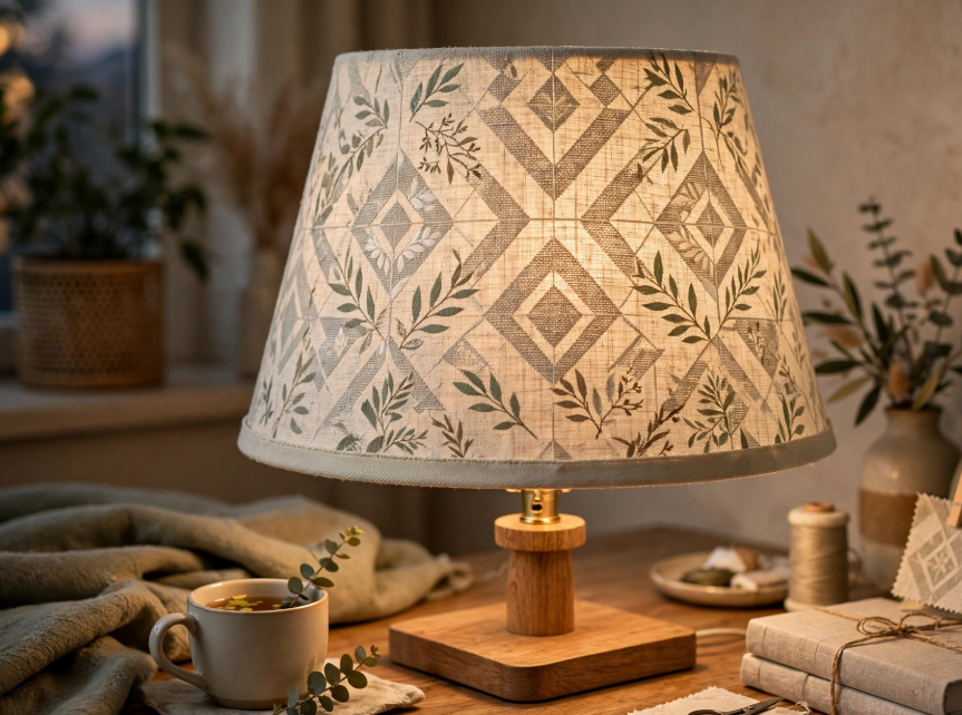 DIY fabric lampshade with geometric botanical patterns on a wooden table lamp, inspiring craft ideas for adults.   