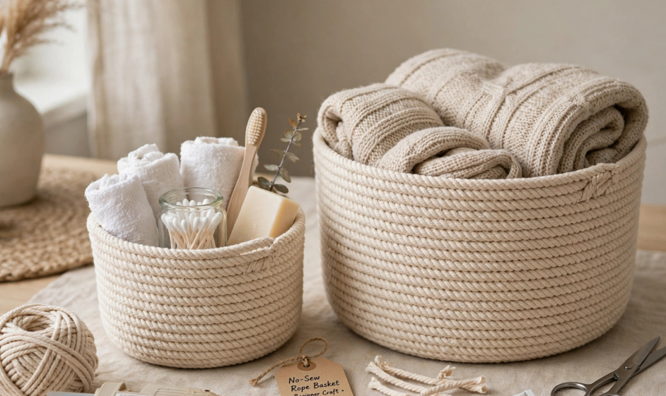 Handmade coiled cotton rope storage baskets, an easy and functional project for craft ideas for adults.   