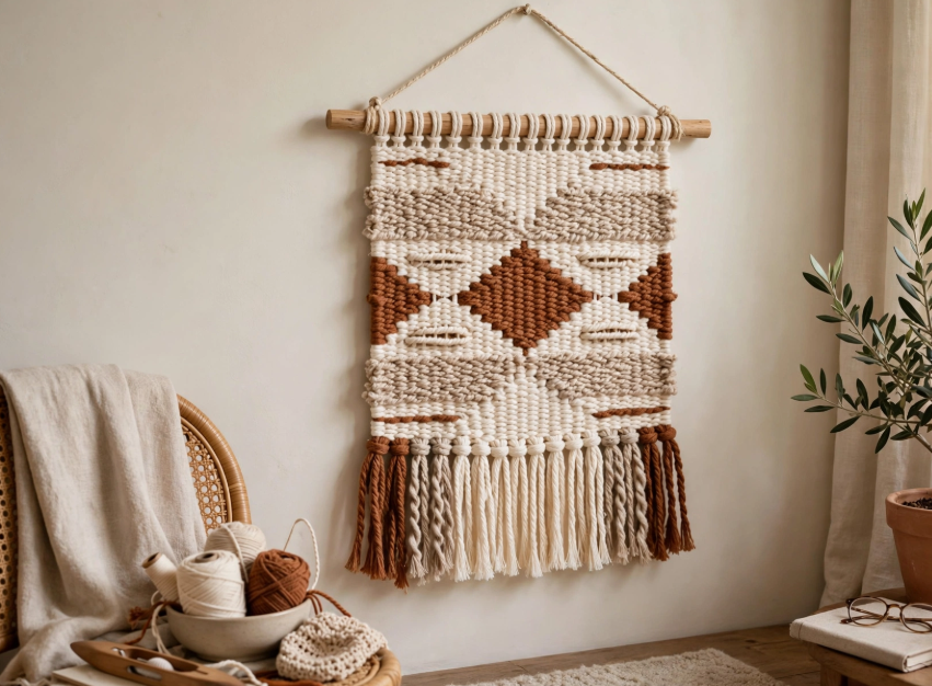 Handmade woven bohemian tapestry wall hanging, an inspiring project for craft ideas for adults.   