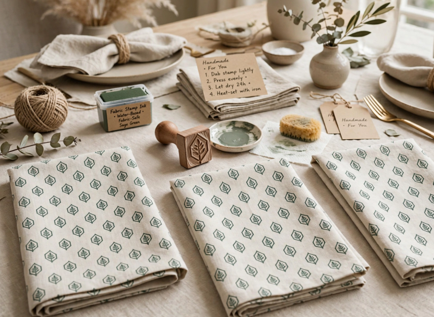 DIY block-printed linen cloth napkins with botanical leaf stamps, a stylish project for craft ideas for adults.   