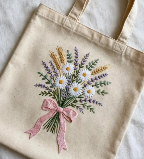 Hand-embroidered canvas tote bag with a wildflower bouquet, a lovely project for craft ideas for adults.   