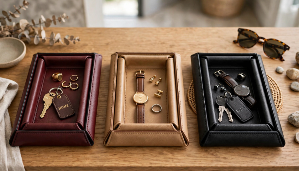 Handcrafted faux-leather catchall valet trays holding keys, jewelry, and watches, a practical project for craft ideas for adults.   