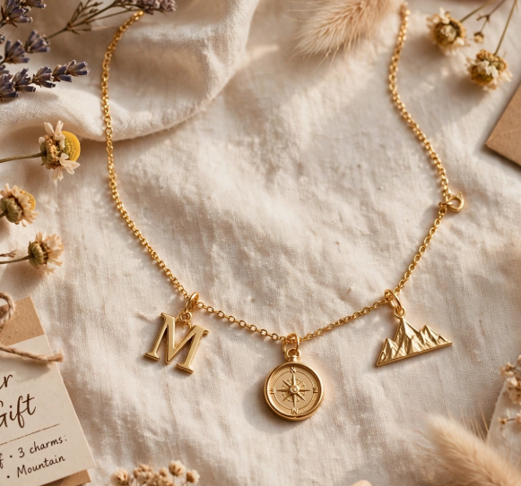 DIY gold charm necklace with initial, compass, and mountain pendants, an elegant jewelry project for craft ideas for adults.   