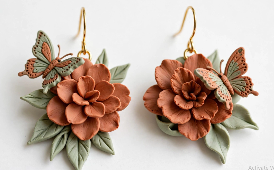 Handmade terracotta polymer clay floral earrings with sculpted green butterflies, an inspiring project for craft ideas for adults.   