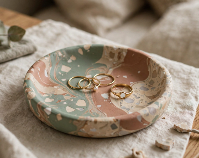 Handmade marbled terrazzo clay trinket dish holding gold rings, a chic project for craft ideas for adults.   