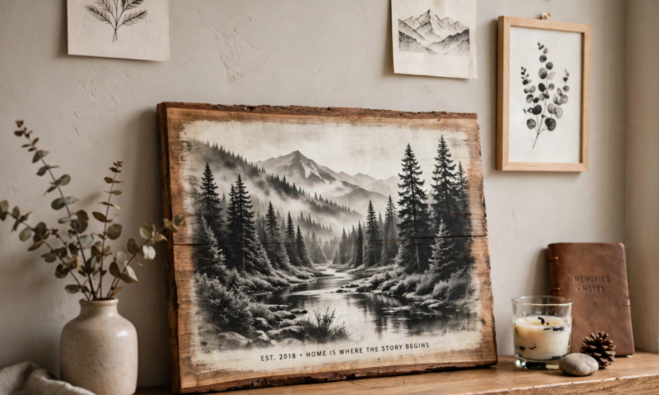 Rustic image transfer of a mountain landscape onto wood plank wall art, a stunning project for craft ideas for adults.Rustic image transfer of a mountain landscape onto wood plank wall art, a stunning project for craft ideas for adults.