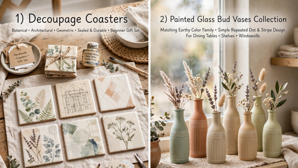 DIY decoupage coasters and painted glass bud vases display, two easy projects for craft ideas for adults.   