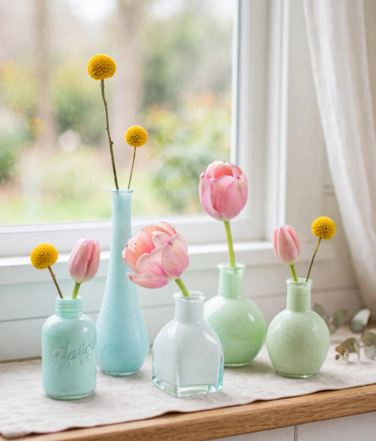Upcycled pastel glass bud vases with pink tulips and yellow craspedia, a charming project for craft ideas for adults.   