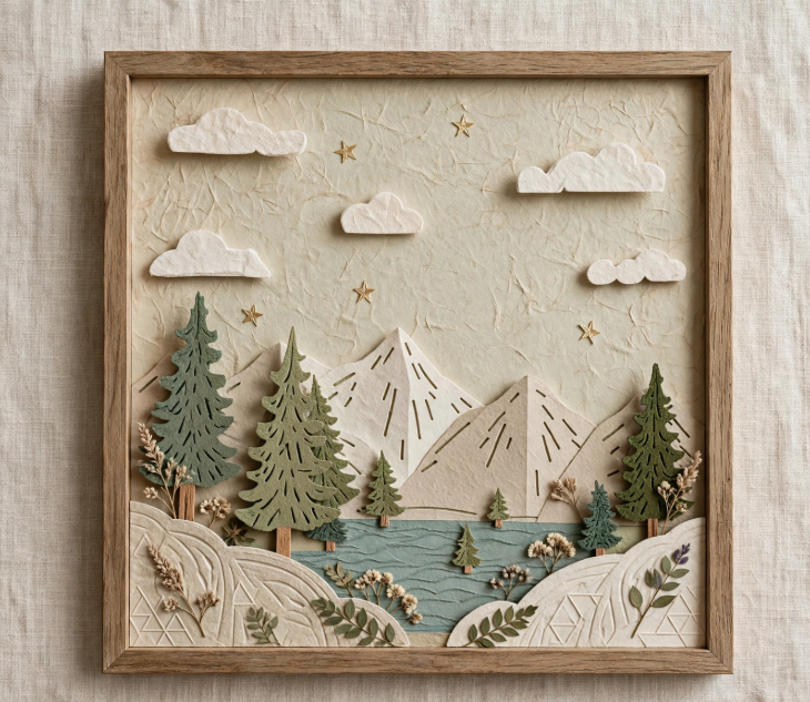 Framed 3D paper cut mountain landscape art with pine trees, an inspiring project for craft ideas for adults.   