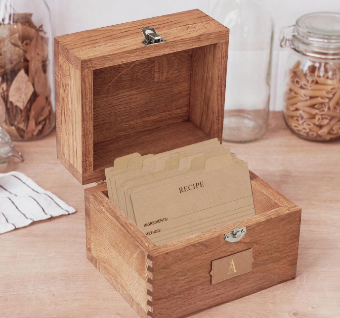 Handcrafted wooden recipe card box with tabbed kraft dividers, a practical project for craft ideas for adults.   