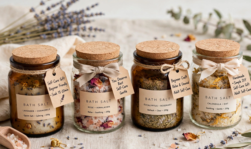 Handmade botanical herbal bath salts in cork glass jars, a soothing project for craft ideas for adults.   