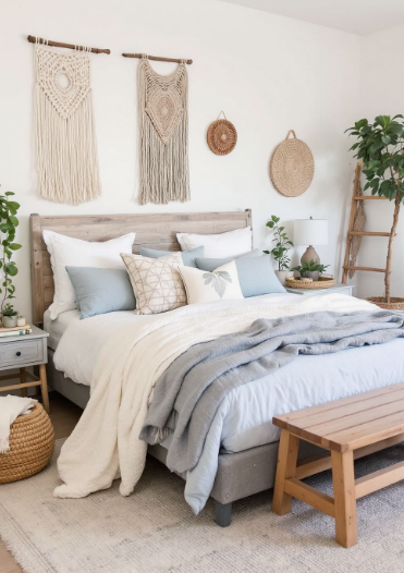 A cozy, bohemian-style bedroom with a wooden headboard, macrame wall hangings, and layered neutral bedding, showcasing practical bedroom makeover ideas on a budget.