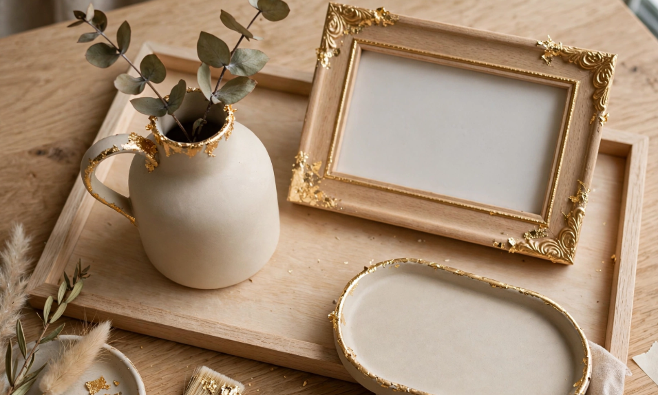 DIY gold leaf home decor set featuring a wooden picture frame, ceramic pitcher, and tray, an elegant project for craft ideas for adults.   