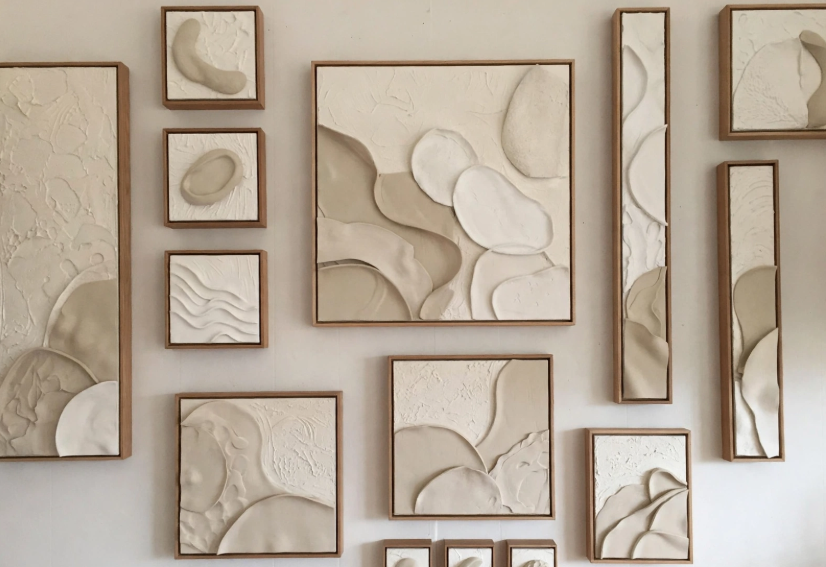 Modern 3D textured plaster gallery wall art in wooden frames, an elegant project for craft ideas for adults.   