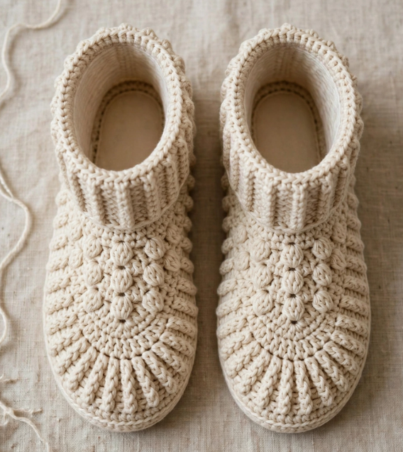 Handmade cozy crocheted cream ankle slipper boots, a warm and stylish project for craft ideas for adults.   