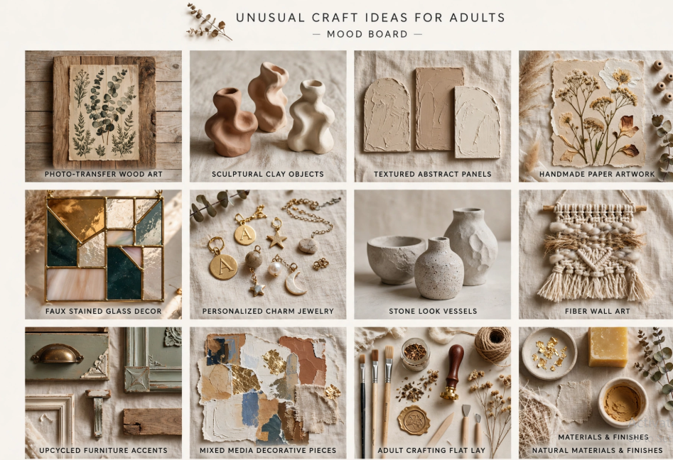 Comprehensive mood board collage displaying unusual and modern craft ideas for adults.