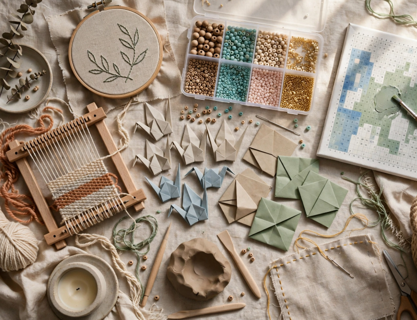 Creative flat lay of diverse DIY supplies and projects, showcasing popular craft ideas for adults.   