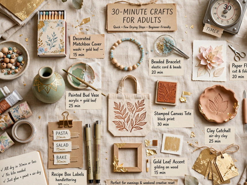Flat lay chart of quick 30-minute projects and supplies, perfect for beginner craft ideas for adults.   