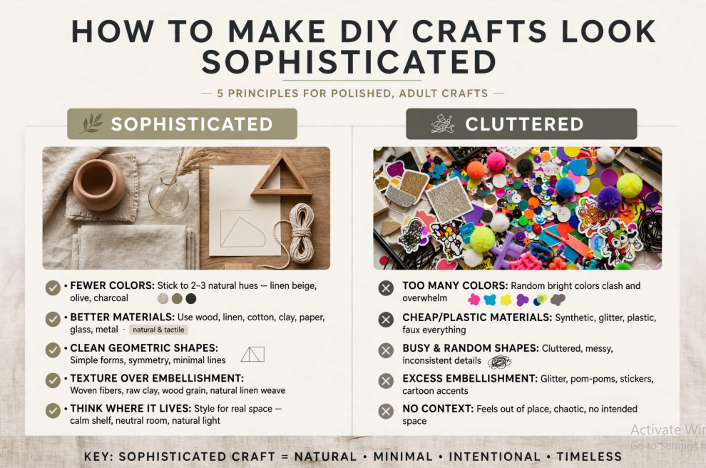Guide comparing sophisticated versus cluttered DIY styling principles, an insightful graphic for craft ideas for adults.   
