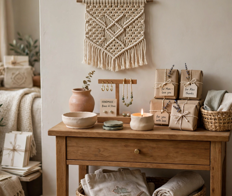 Aesthetic display of handcrafted macrame wall hanging, clay pottery, and gift-wrapped items, inspiring craft ideas for adults.   