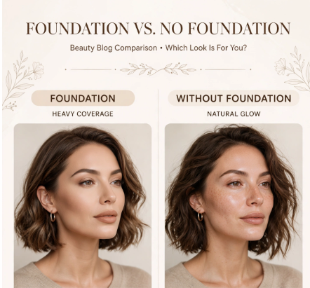 Makeup Routine Without Foundation: Easy Natural Looks Side-by-side comparison of full coverage makeup versus a fresh makeup routine without foundation showing a natural, dewy glow.