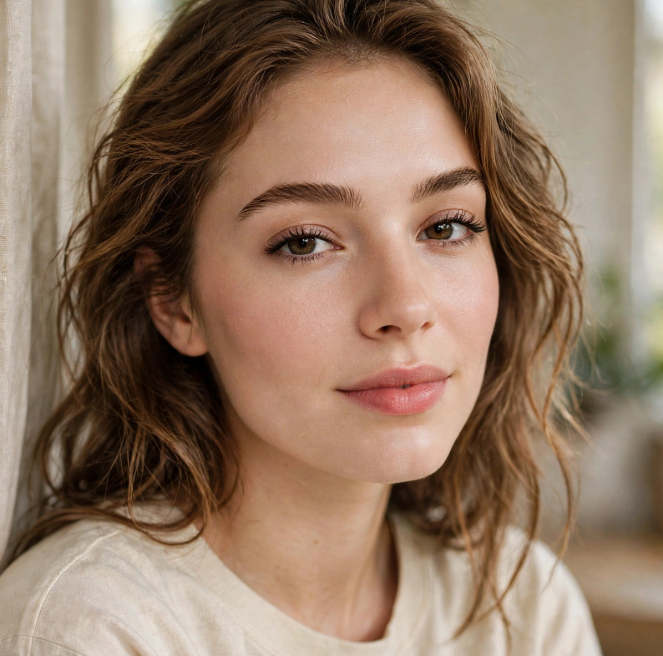 Makeup Routine Without Foundation: Easy Natural Looks Woman showcasing fresh, glowing skin with a simple makeup routine without foundation, featuring soft brows and natural pink lips.