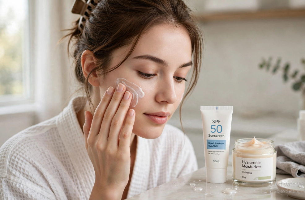 Makeup Routine Without Foundation: Easy Natural Looks Woman prepping skin with sunscreen and moisturizer as the first step in a makeup routine without foundation.