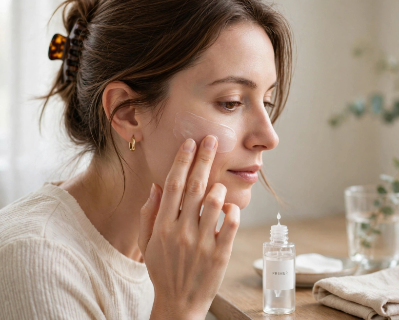 Makeup Routine Without Foundation: Easy Natural Looks Woman applying hydrating face primer to prep skin for a glowing makeup routine without foundation.