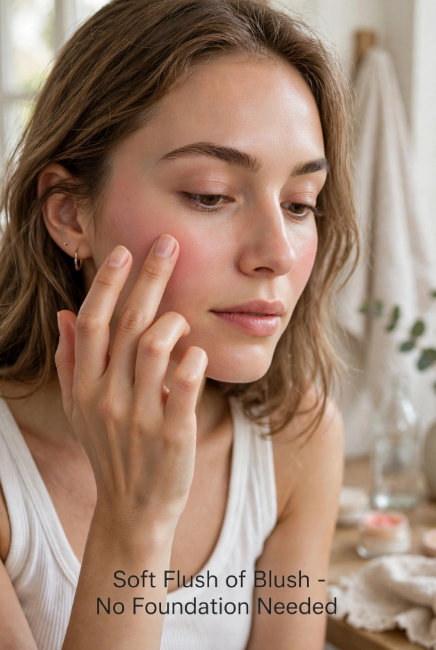 Makeup Routine Without Foundation: Easy Natural Looks Applying soft cream blush onto the cheeks with fingertips for a fresh, glowing makeup routine without foundation.