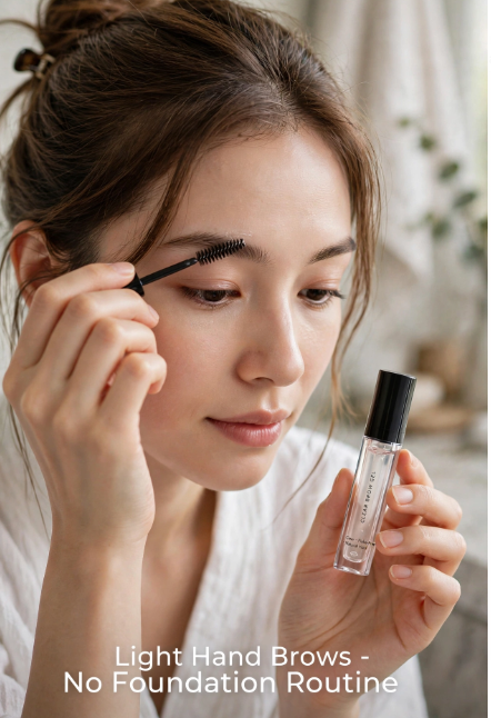 Makeup Routine Without Foundation: Easy Natural Looks Woman grooming her eyebrows with clear brow gel for a soft, natural finish in a makeup routine without foundation.