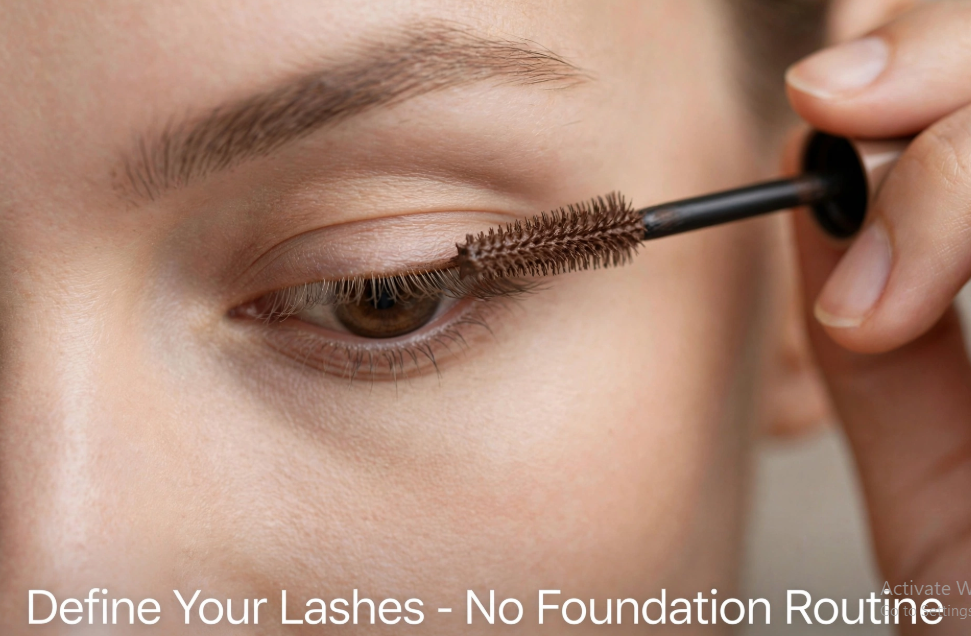 Makeup Routine Without Foundation: Easy Natural Looks Applying brown mascara to upper eyelashes for subtle eye definition in a makeup routine without foundation.