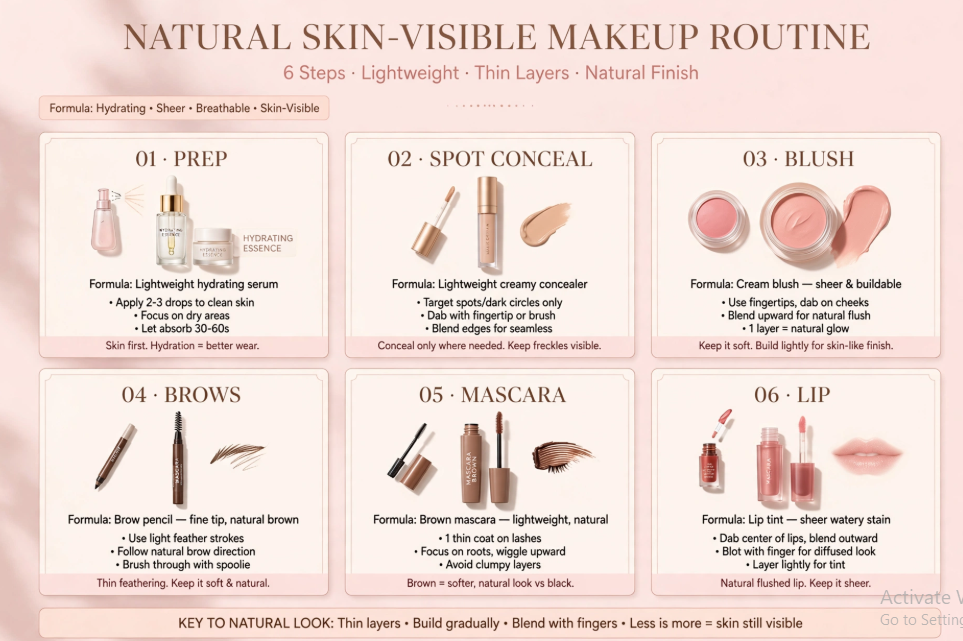 Makeup Routine Without Foundation: Easy Natural Looks Step-by-step infographic guide detailing a 6-step natural skin-visible makeup routine without foundation using lightweight layers.