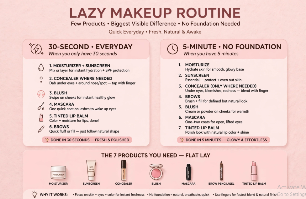 Makeup Routine Without Foundation: Easy Natural Looks Lazy makeup routine without foundation infographic showing a 30-second everyday version alongside a 5-minute glowy routine.