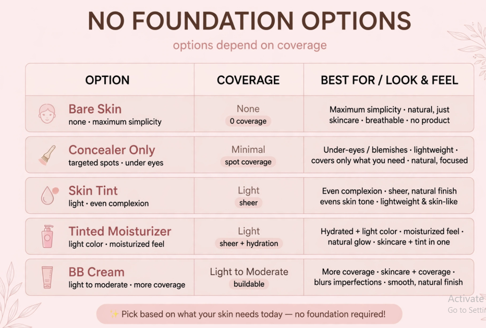 Makeup Routine Without Foundation: Easy Natural Looks Guide comparing base alternatives like concealer, skin tint, tinted moisturizer, and BB cream for a makeup routine without foundation.