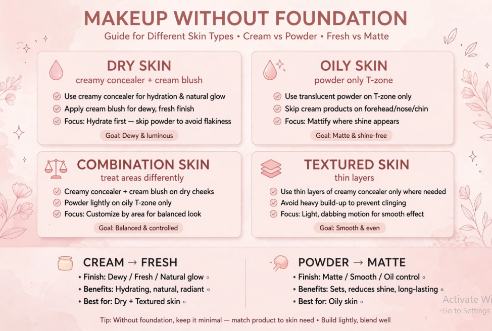 Makeup Routine Without Foundation: Easy Natural Looks Guide detailing how to customize a makeup routine without foundation for dry, oily, combination, and textured skin types.