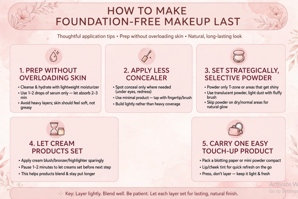 Makeup Routine Without Foundation: Easy Natural Looks Helpful guide showing five simple tips to make a natural makeup routine without foundation last all day long.