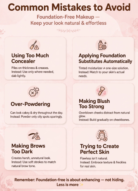 Makeup Routine Without Foundation: Easy Natural Looks Helpful guide highlighting six common mistakes to avoid during a natural makeup routine without foundation.