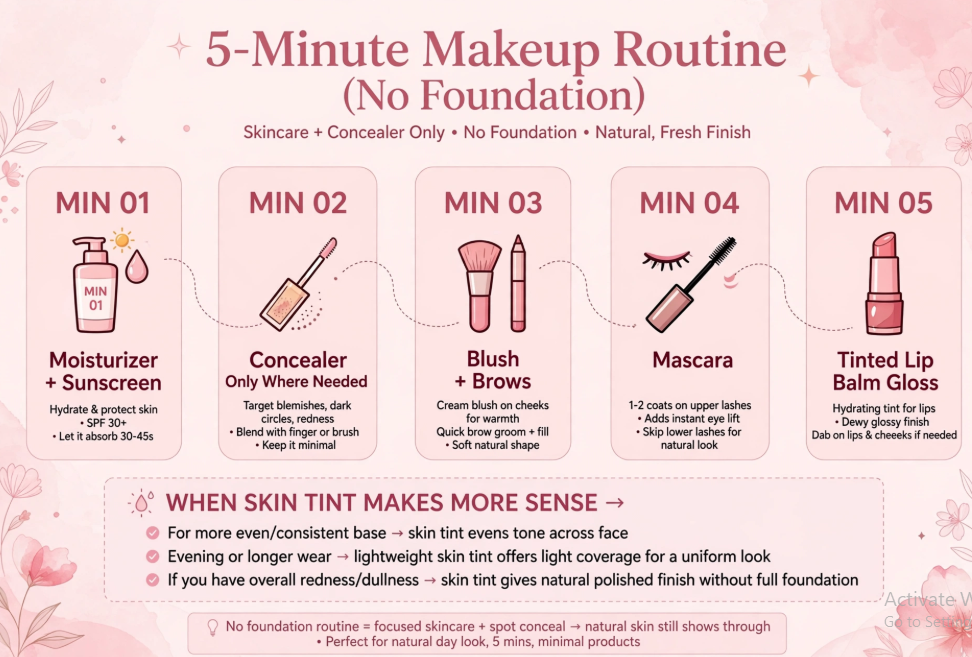 Makeup Routine Without Foundation: Easy Natural Looks Step-by-step visual guide outlining a quick 5-minute makeup routine without foundation from skin prep to lip tint.