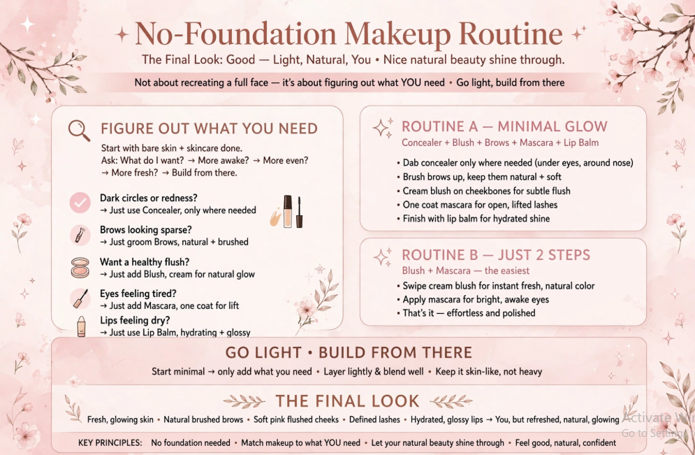 Makeup Routine Without Foundation: Easy Natural Looks Infographic guide comparing a minimal glow routine with a 2-step makeup routine without foundation to enhance natural beauty.