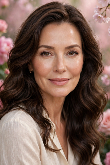 Woman with radiant, smooth skin showcasing dewy makeup that doesn't settle into fine lines against a floral backdrop.